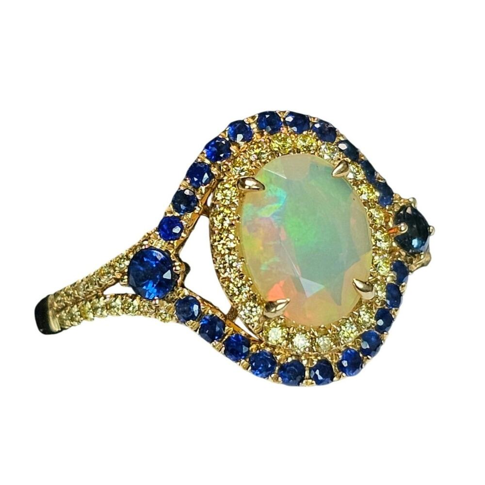 14k Gold Opal, Diamond & Sapphire Halo Ring, Size 10.5 Signed - Picture 2 of 6
